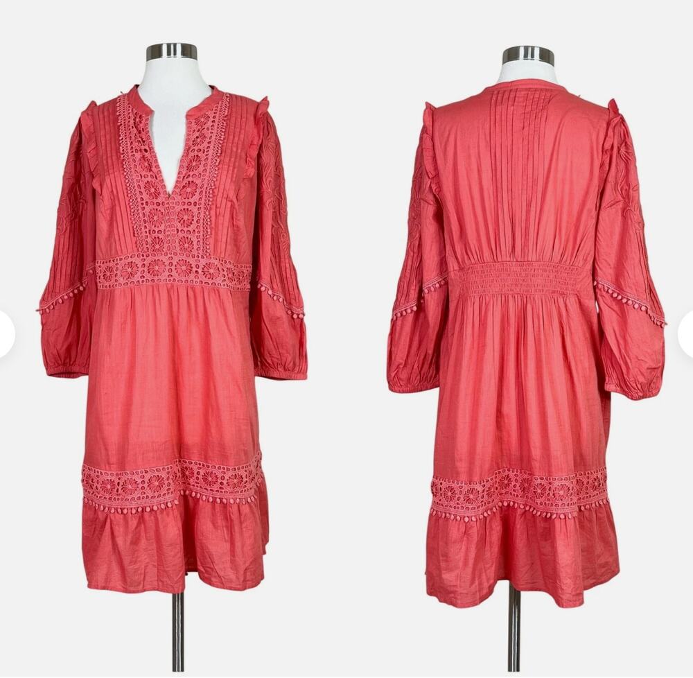 Akemi + Kin Anthropologie Sm Coral Crochet Lace Tiered Boho Dress Resort